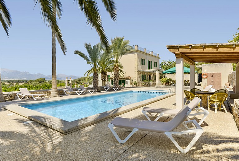 Finca Pool Palmen Sonnenliegen