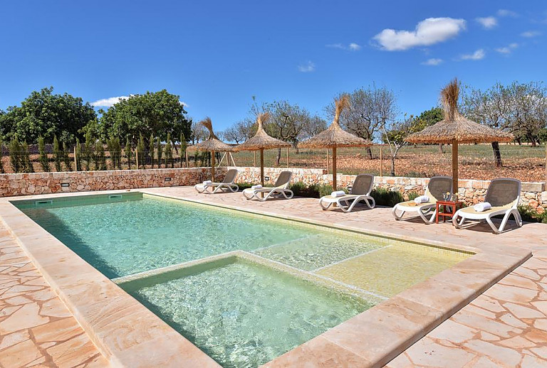 Pool mit Sonnenliegen vor dem Ferienhaus