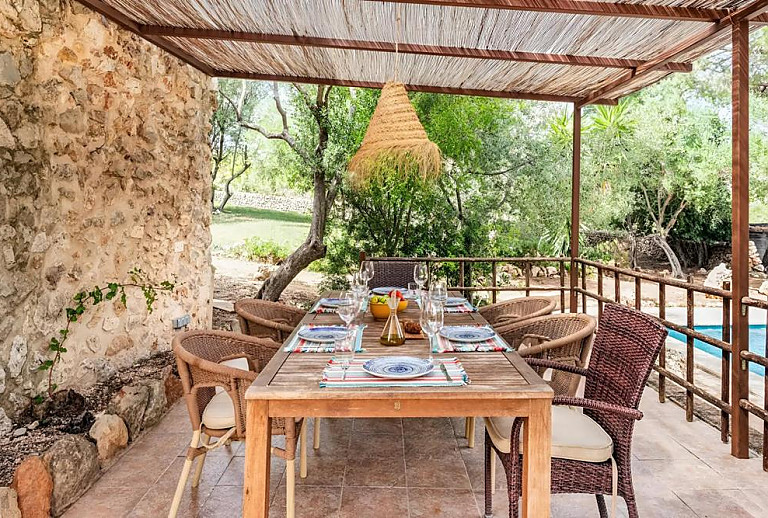 Terrasse mit Esstisch und Vordach